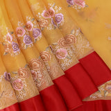 Vibrant Mustard Yellow Embroidered Organza Saree With Red Border