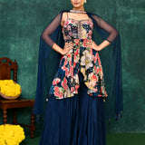 Navy Blue Satin Crepe Floral Peplum Set