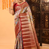 Off-White Kanchipuram Silk Saree With Multicolor Woven Jaal And Rust Gold Border