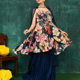 Navy Blue Satin Crepe Floral Peplum Set