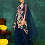 Navy Blue Satin Crepe Floral Peplum Set
