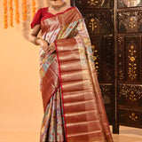 Off-White Kanchipuram Silk Saree With Multicolor Woven Jaal And Rust Gold Border