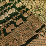 Bottle Green Copper Zari Floral Jaal Pure Silk Banarasi Saree With Heavy Woven Border
