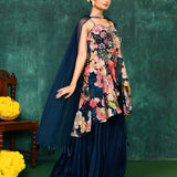 Navy Blue Satin Crepe Floral Peplum Set