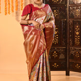 Off-White Kanchipuram Silk Saree With Multicolor Woven Jaal And Rust Gold Border