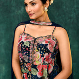 Navy Blue Satin Crepe Floral Peplum Set
