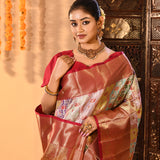 Off-White Kanchipuram Silk Saree With Multicolor Woven Jaal And Rust Gold Border