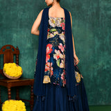 Navy Blue Satin Crepe Floral Peplum Set