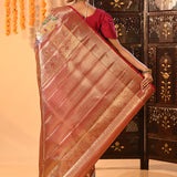 Off-White Kanchipuram Silk Saree With Multicolor Woven Jaal And Rust Gold Border