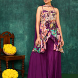 Wine Purple Satin Crepe Floral Peplum Set