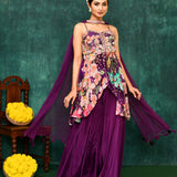 Wine Purple Satin Crepe Floral Peplum Set