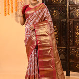 Silver And Gold Chevron Weave Zari Woven With Red Pallu Kanjivaram Saree