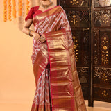 Silver And Gold Chevron Weave Zari Woven With Red Pallu Kanjivaram Saree