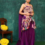 Wine Purple Satin Crepe Floral Peplum Set