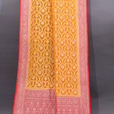 Mustard Yellow & Red Banarasi Saree With Silver Zari Floral Weave
