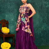 Wine Purple Satin Crepe Floral Peplum Set