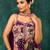 Wine Purple Satin Crepe Floral Peplum Set