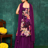 Wine Purple Satin Crepe Floral Peplum Set