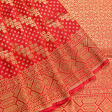 Red Gold Zari All Over Checks Floral Jaal Pure Silk Bridal Banarasi Saree With Heavy Zari Border
