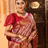 Silver And Gold Chevron Weave Zari Woven With Red Pallu Kanjivaram Saree