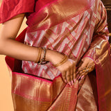 Silver And Gold Chevron Weave Zari Woven With Red Pallu Kanjivaram Saree