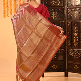 Silver And Gold Chevron Weave Zari Woven With Red Pallu Kanjivaram Saree
