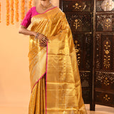 Golden Yellow With Pink Border & Floral Zari Weave Kanjivaram Silk Saree