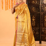 Golden Yellow With Pink Border & Floral Zari Weave Kanjivaram Silk Saree