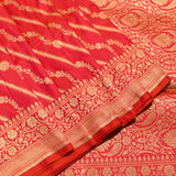 Red Gold Zari Diagonal Stripe Floral Jaal Pure Silk Banarasi Saree With Heavy Zari Border