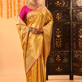 Golden Yellow With Pink Border & Floral Zari Weave Kanjivaram Silk Saree
