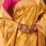 Golden Yellow With Pink Border & Floral Zari Weave Kanjivaram Silk Saree