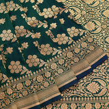 Bottle Green Gold Zari All Over Floral Jaal Pure Silk Banarasi Saree With Heavy Zari Border