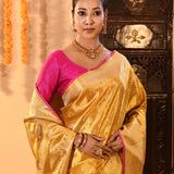Golden Yellow With Pink Border & Floral Zari Weave Kanjivaram Silk Saree