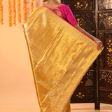 Golden Yellow With Pink Border & Floral Zari Weave Kanjivaram Silk Saree