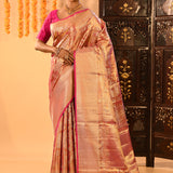 Golden Orange With Pink Border & Floral Zari Weave Kanjivaram Silk Saree