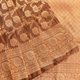 Dark Brown Copper Zari Floral Jaal Pure Silk Banarasi Saree With Contrast Gold Pallu