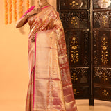 Golden Orange With Pink Border & Floral Zari Weave Kanjivaram Silk Saree