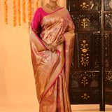 Golden Orange With Pink Border & Floral Zari Weave Kanjivaram Silk Saree