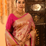 Golden Orange With Pink Border & Floral Zari Weave Kanjivaram Silk Saree