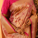 Golden Orange With Pink Border & Floral Zari Weave Kanjivaram Silk Saree