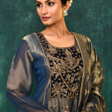 Golden Blue Tissue Silk Embroidered Kurta Set