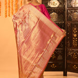 Golden Orange With Pink Border & Floral Zari Weave Kanjivaram Silk Saree