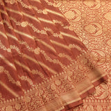 Rust Brown Gold Zari Diagonal Stripe Floral Jaal Pure Silk Banarasi Saree With Heavy Zari Border
