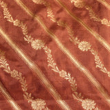 Rust Brown Gold Zari Diagonal Stripe Floral Jaal Pure Silk Banarasi Saree With Heavy Zari Border