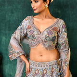 Dove Grey Net Thread Embroidered Lehenga Set
