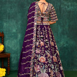 Dark Purple Georgette Floral Embroidered Lehenga Set