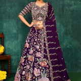 Dark Purple Georgette Floral Embroidered Lehenga Set