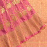 Pink And Gold Zari All Over Floral Jaal Pure Silk Banarasi Saree With Gold Checks Pallu And Heavy Zari Border
