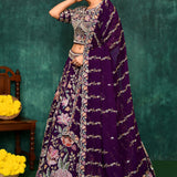 Dark Purple Georgette Floral Embroidered Lehenga Set