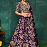 Dark Purple Georgette Floral Embroidered Lehenga Set